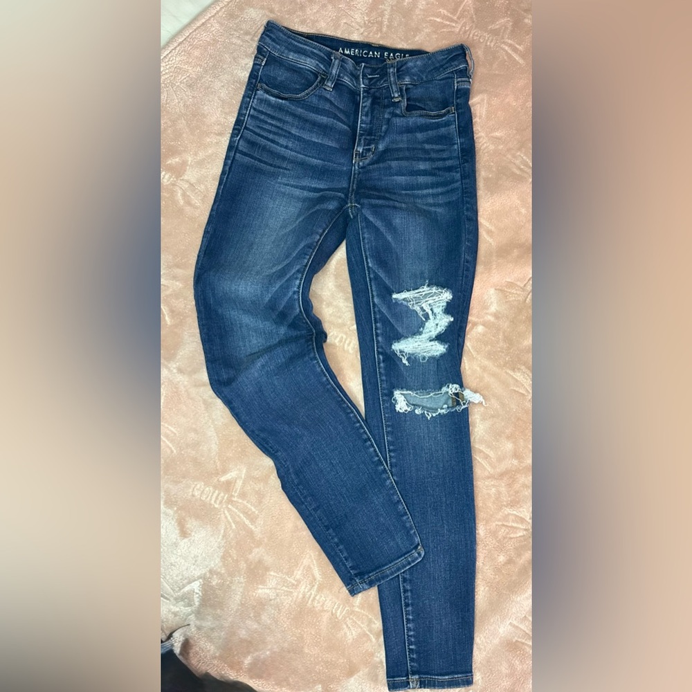 American Eagle Outfitters Dark Blue Distressed High Rise Jeans